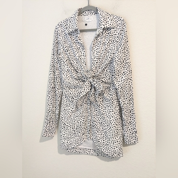 Lovers And Friends Black White Leopard Long Sleeve Plunging Neck Tie Mini Dress - Picture 4 of 12